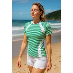 Tory Burch Medium Sport Rash Guard Swim Top Green and White Stripes
